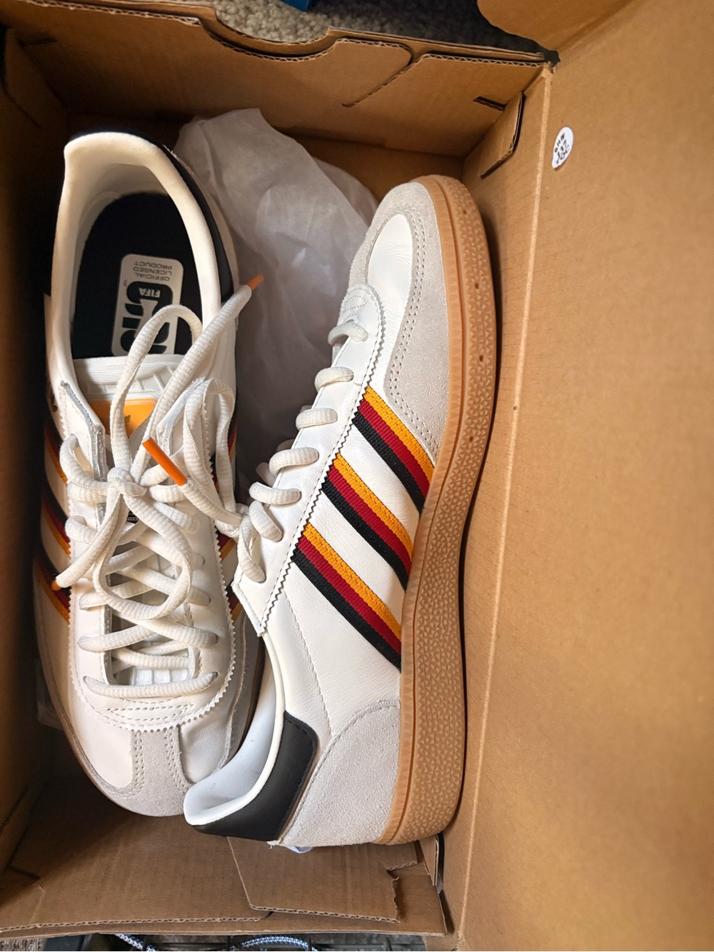 adidas White Sneakers with Red, Yellow & Black Stripe Accents